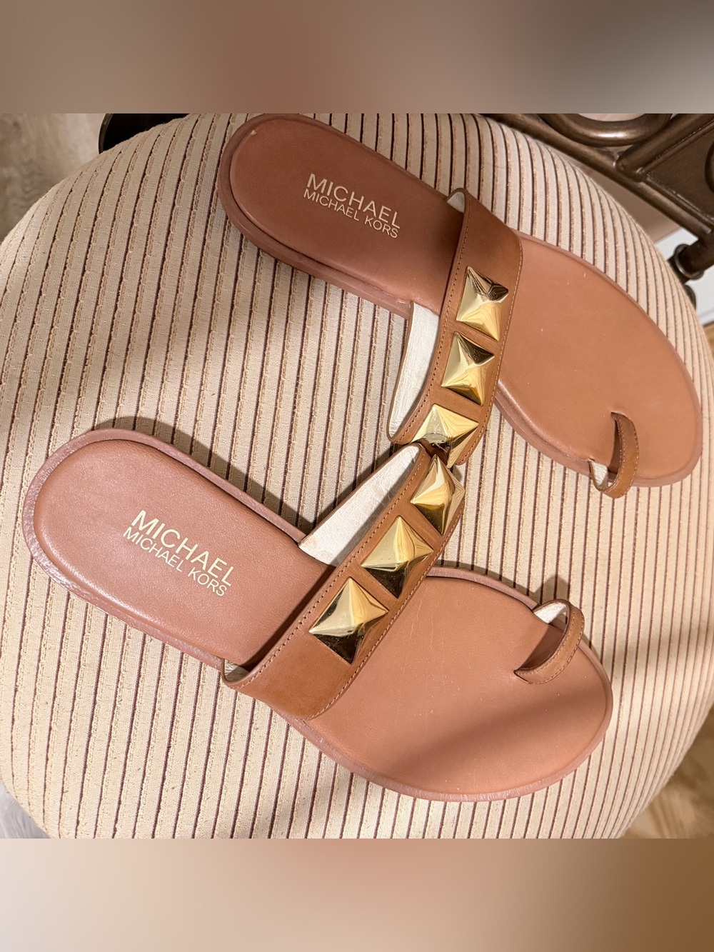 Michael Kors Tan Leather Slide Sandals with Gold Pyramid Studs
